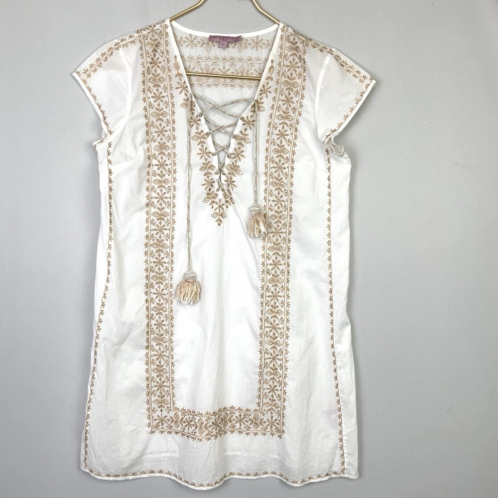 Calypso St. Barth Sz Small White Embroidered Cotton Lace Up Tassel Tunic Dress